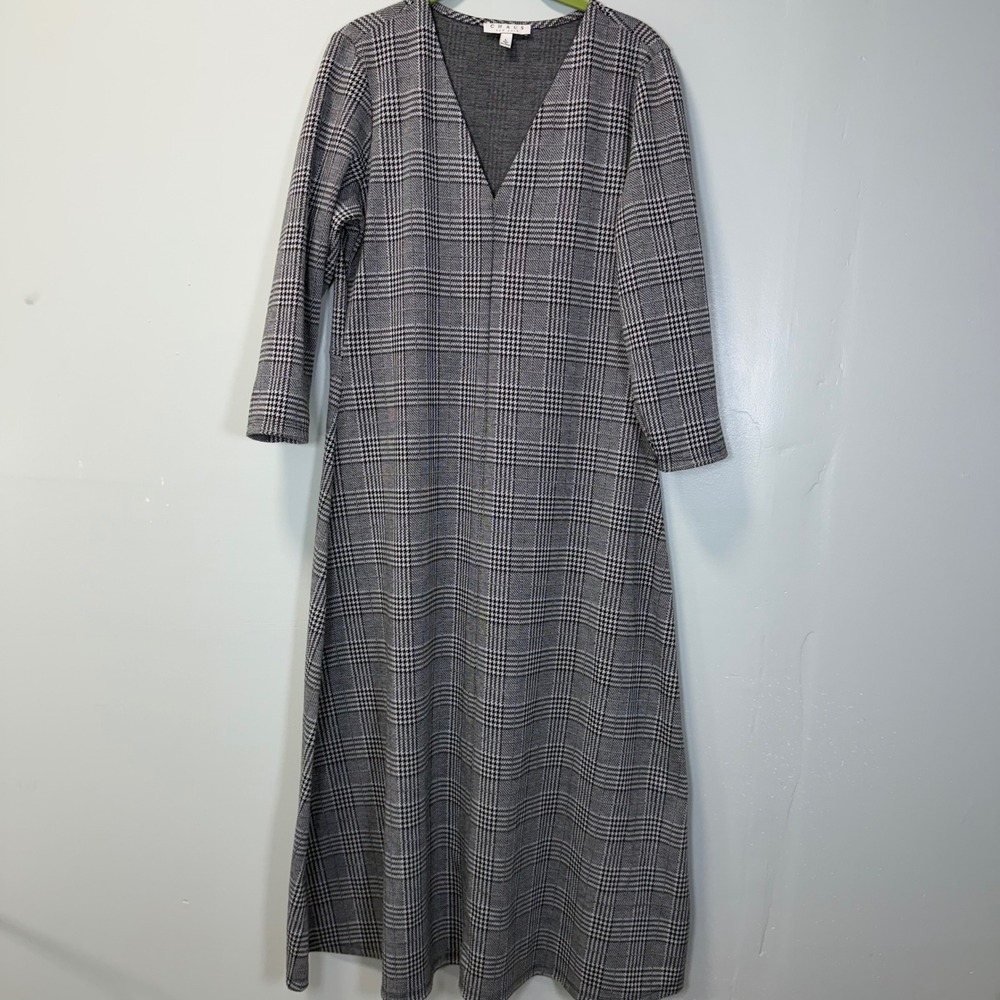 Chaus New York Glen Plaid V-Neck Midi Dress Grey Black White Large Dark Academia